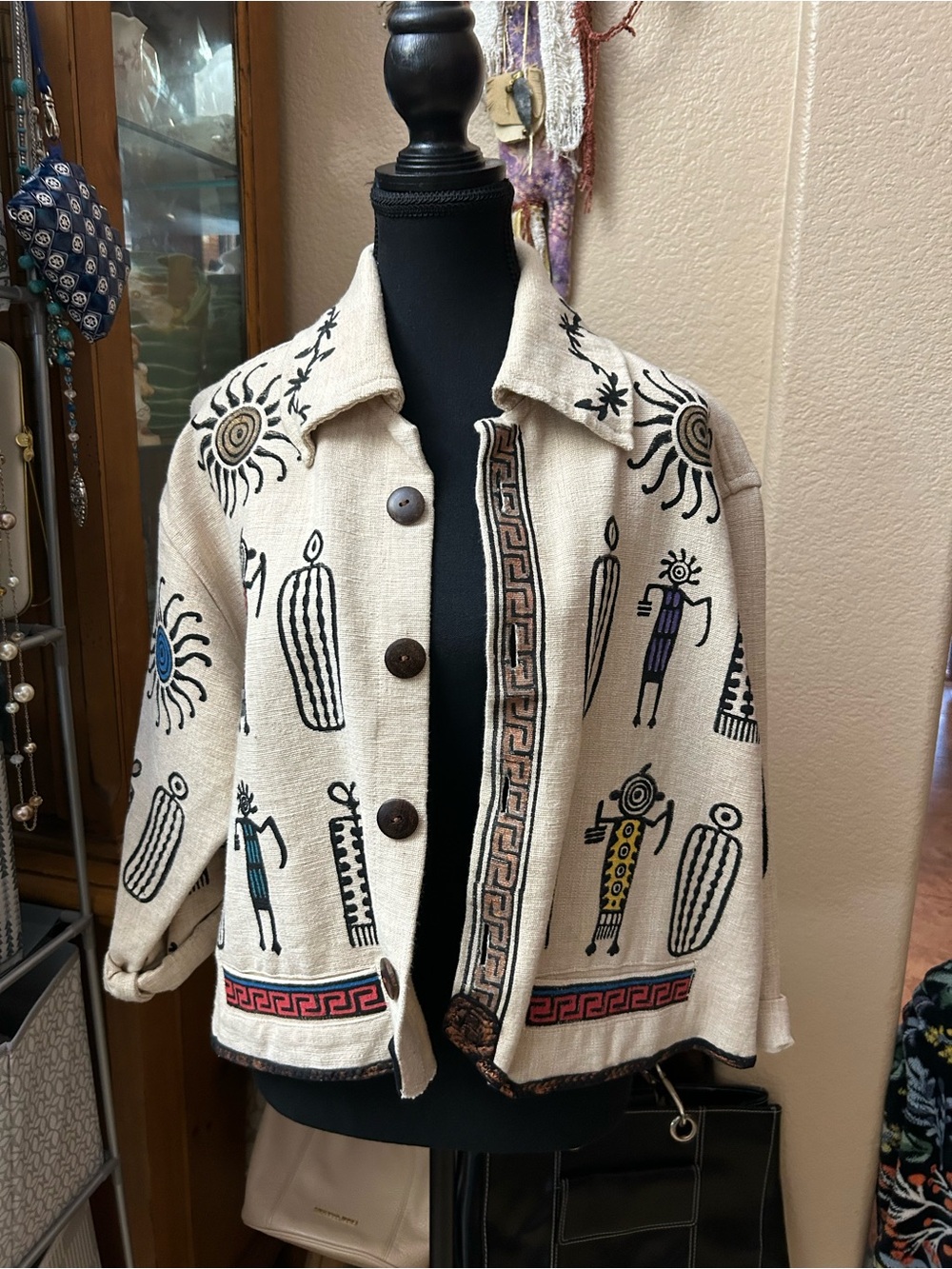 Cream Embroidered Southwestern Button-Front Jacket
